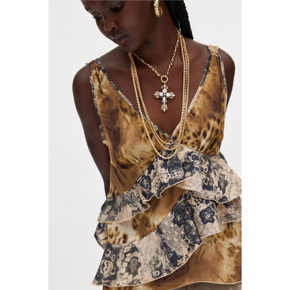 Ecote Debbie Asymmetric Tiered Ruffle Tunic Tank Top - Brown - Small